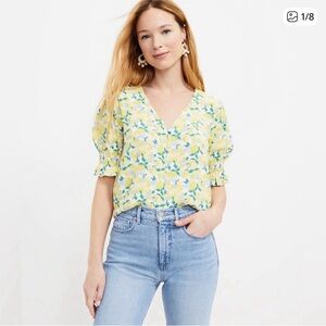LOFT Yellow Floral V-Neck Puff Sleeve Blouse